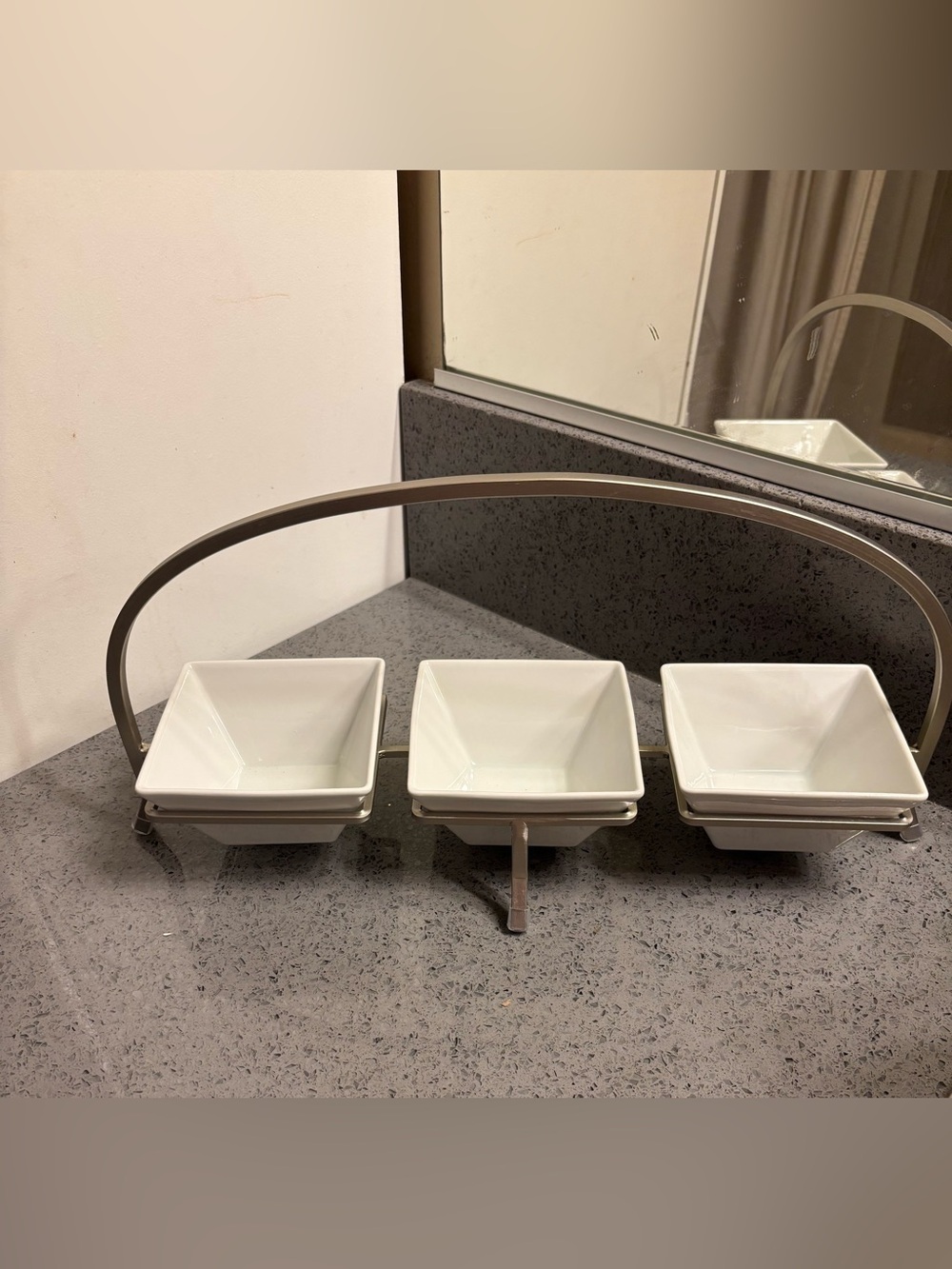 Crate & Barrel 3-Piece White Ceramic Square Bowl Server with Metal Stand